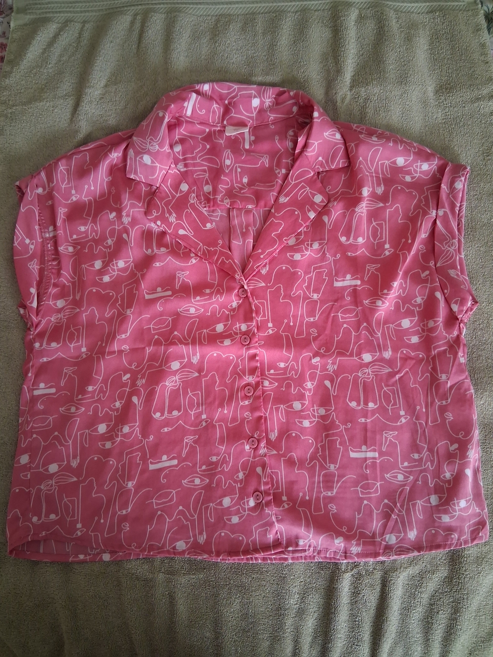 Pink Button-Up Blouse with White Abstract Print